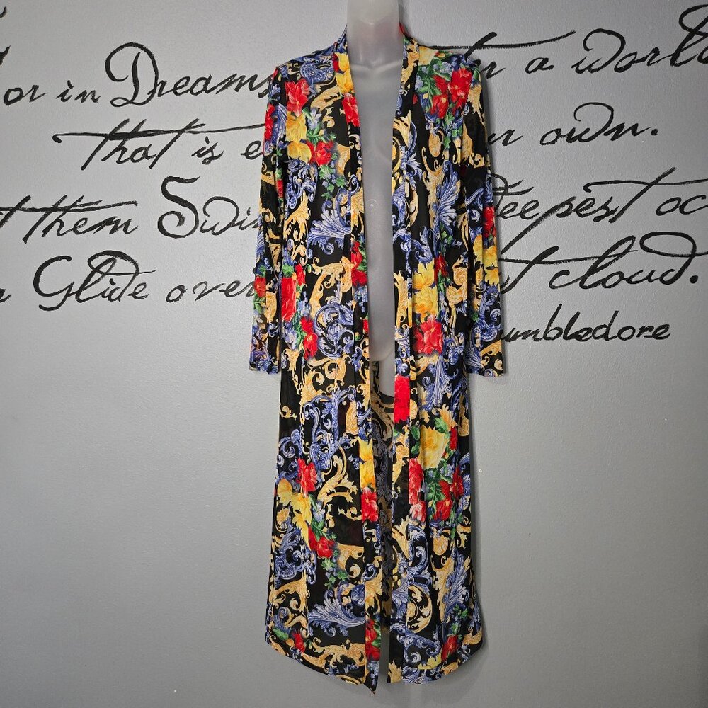 WinWin Apparel Muticolored Floral & Scroll Maxi Robe, Dressing Gown, Cover-Up, L
